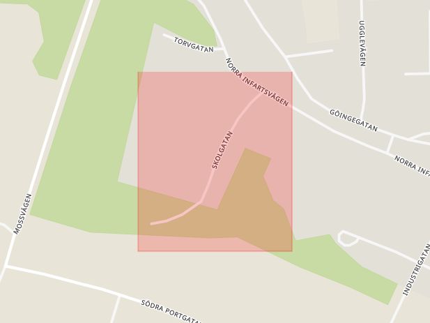 Karta som med röd fyrkant ramar in Skolgatan, Osby, Skåne län
