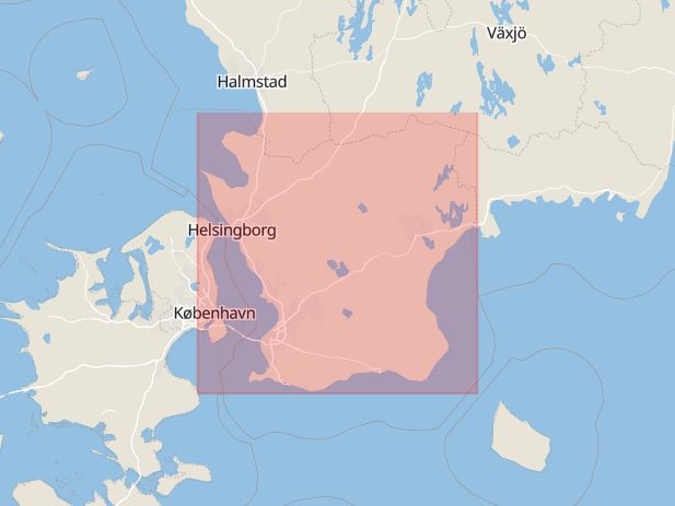 Karta som med röd fyrkant ramar in Knislinge, Helsingborg, Svedala, Trelleborg, Rosengård, Malmö, Mölleberga, Staffanstorp, Bårslöv, Skåne, Skåne län