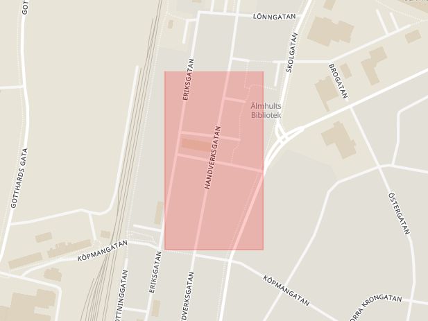 Karta som med röd fyrkant ramar in Hantverksgatan, Kvarngatan, Älmhult, Kronobergs län