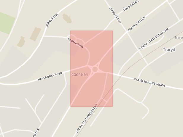 Karta som med röd fyrkant ramar in Traryd, Markaryd, Kronobergs län
