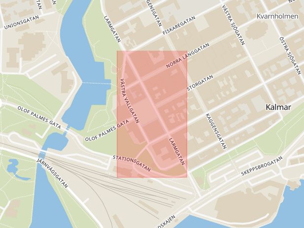 Karta som med röd fyrkant ramar in Larmtorget, Kalmar, Kalmar län
