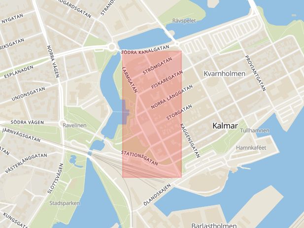Karta som med röd fyrkant ramar in Kvarnholmen, Larmtorget, Kalmar, Kalmar län