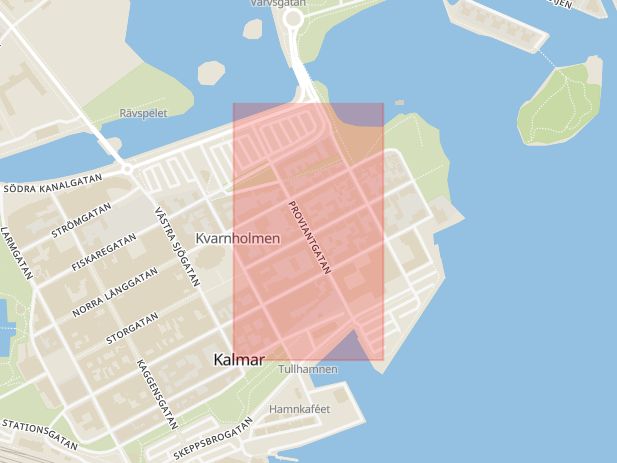 Karta som med röd fyrkant ramar in Södra Långgatan, Kvarnholmen, Proviantgatan, Kalmar, Kalmar län