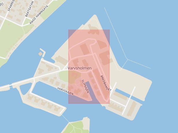 Karta som med röd fyrkant ramar in Varvsholmen, Varvsuddsgatan, Kalmar, Kalmar län