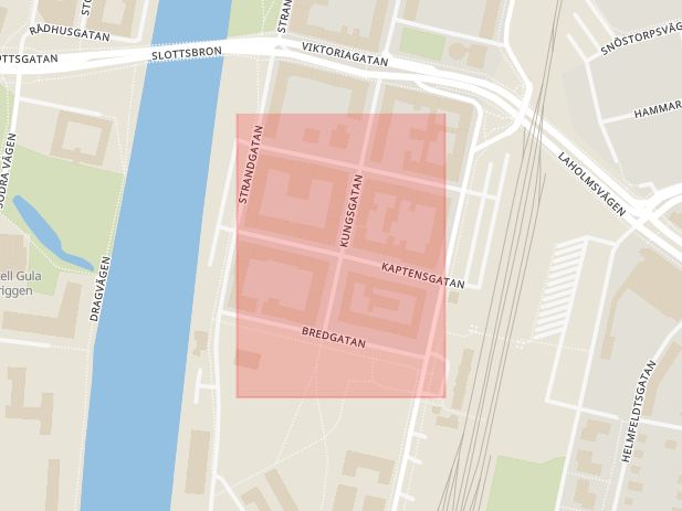 Karta som med röd fyrkant ramar in Halmstad, Kaptensgatan, Hallands län