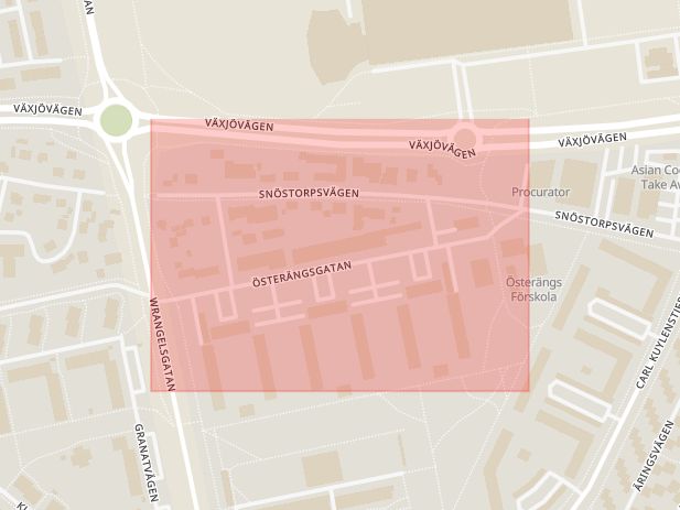 Karta som med röd fyrkant ramar in Halmstad, Österängsgatan, Golfbanevägen, Hallands län