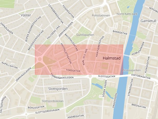 Karta som med röd fyrkant ramar in Halmstad, Brogatan, Hallands län