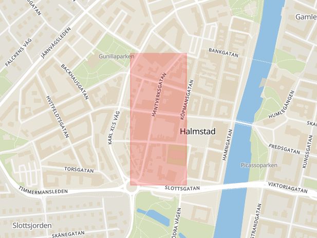 Karta som med röd fyrkant ramar in Hantverksgatan, Halmstad, Hallands län
