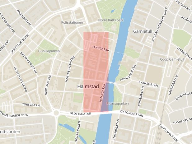 Karta som med röd fyrkant ramar in Halmstad, Storgatan, Varberg, Hallands län