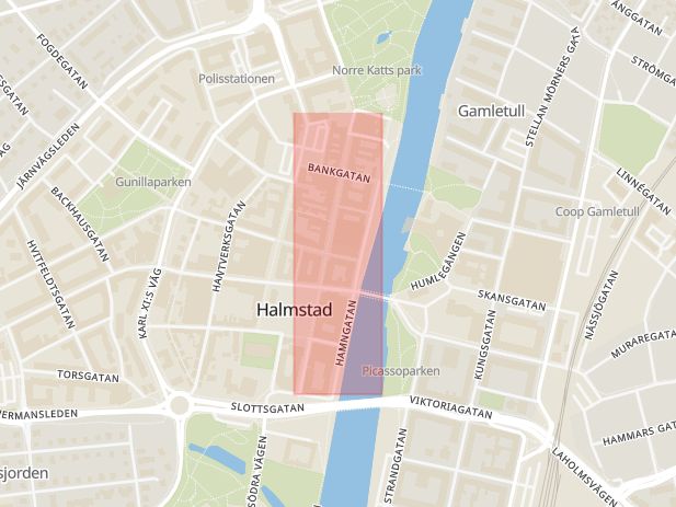 Karta som med röd fyrkant ramar in Halmstad, Storgatan, Halland, Hallands län