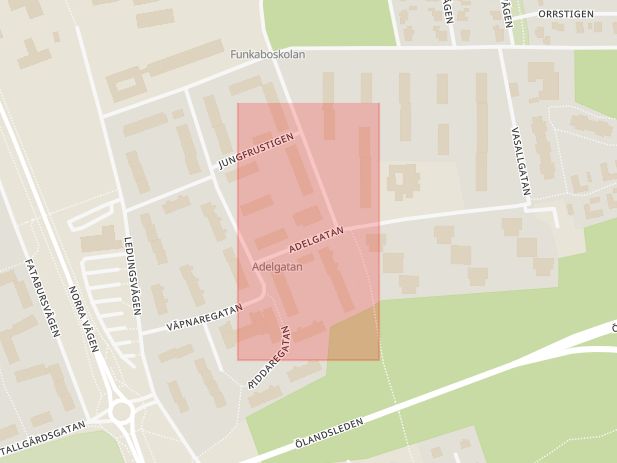 Karta som med röd fyrkant ramar in Funkabo, Adelgatan, Kalmar, Kalmar län