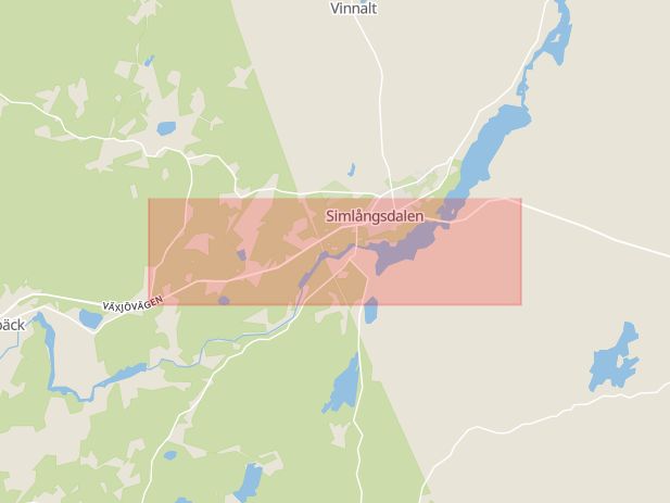 Karta som med röd fyrkant ramar in Brearedsvägen, Simlångsdalen, Halmstad, Hallands län
