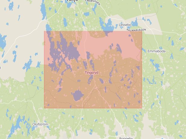 Karta som med röd fyrkant ramar in Sandsjö, Tingsryd, Kronobergs län
