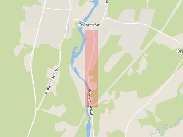 Karta som med röd fyrkant ramar in Oskarström, Sennanvägen, Varbergsvägen, Duved, Hallands län