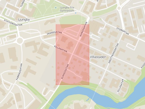 Karta som med röd fyrkant ramar in Kungsgatan, Villagatan, Ljungby, Kronobergs län