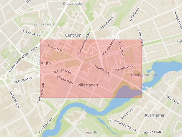 Karta som med röd fyrkant ramar in Storgatan, Ljungby, Kronobergs län
