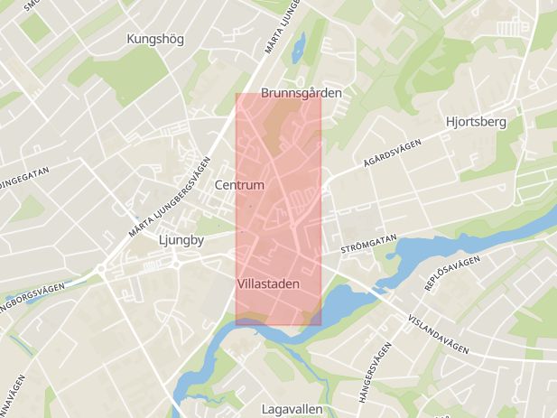 Karta som med röd fyrkant ramar in Drottninggatan, Ljungby, Kronobergs län