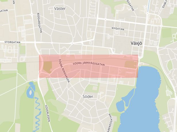 Karta som med röd fyrkant ramar in Södra Järnvägsgatan, Växjö, Kronobergs län