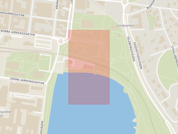 Karta som med röd fyrkant ramar in Kronobergsgatan, Växjö, Kronobergs län