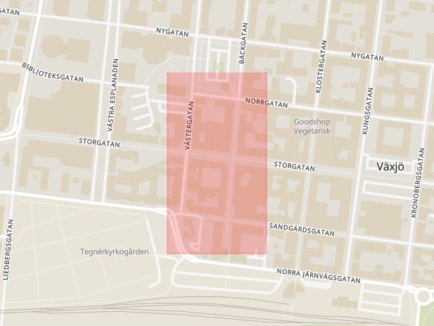 Karta som med röd fyrkant ramar in Industrigatan, Storgatan, Växjö, Kronobergs län