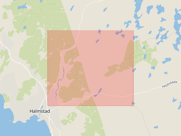 Karta som med röd fyrkant ramar in Halmstad, Hylte Kommun, Halland, Hallands län