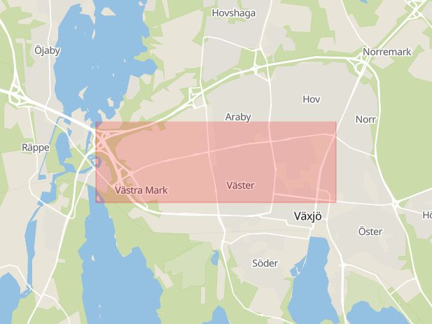 Karta som med röd fyrkant ramar in Kungsvägen, Mörners Väg, Växjö, Kronobergs län
