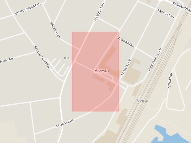 Karta som med röd fyrkant ramar in Centralgatan, Alvesta, Kronobergs län