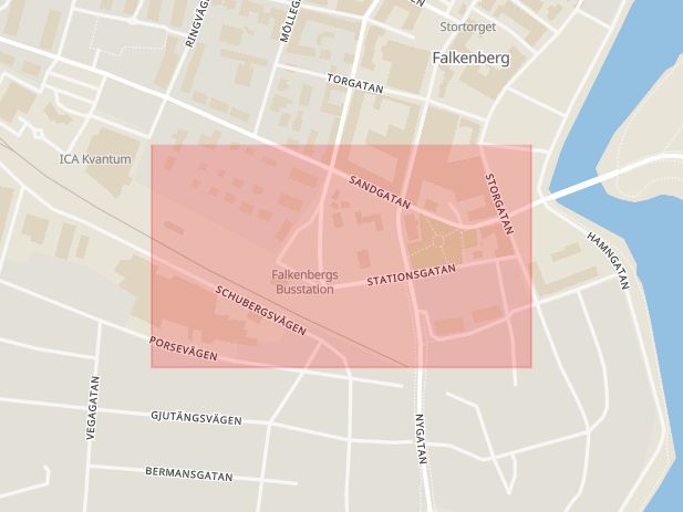 Karta som med röd fyrkant ramar in Falkenberg, Stationsgatan, Hallands län