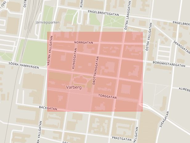 Karta som med röd fyrkant ramar in Kyrkogatan, Varberg, Hallands län