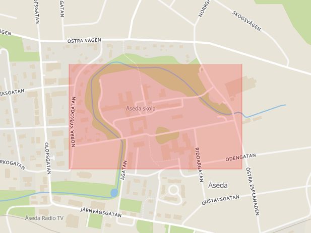 Karta som med röd fyrkant ramar in Östra Kyrkogatan, Åseda, Uppvidinge, Kronobergs län