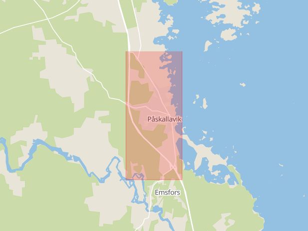 Karta som med röd fyrkant ramar in Kustvägen, Påskallavik, Vena, Idrottsvägen, Boda, Kalmar län