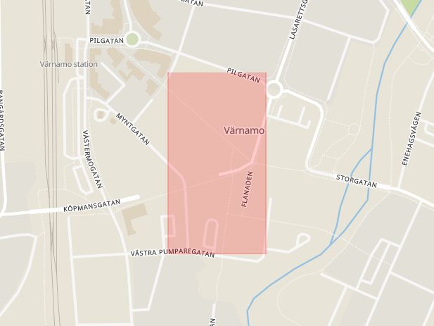 Karta som med röd fyrkant ramar in Köpmansgatan, Värnamo, Jönköpings län