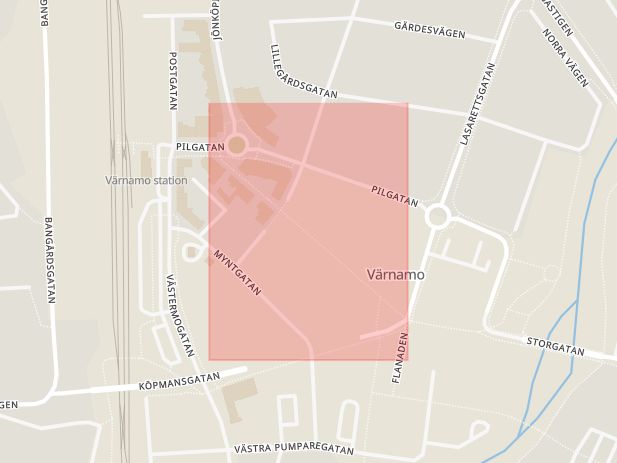 Karta som med röd fyrkant ramar in Storgatsbacken, Värnamo, Jönköpings län