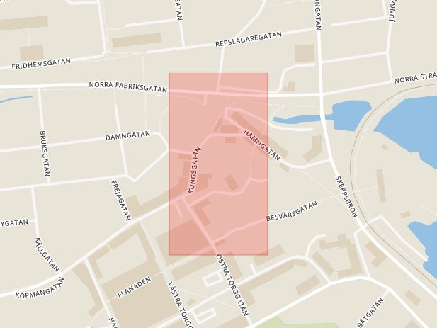Karta som med röd fyrkant ramar in Kungsgatan, Oskarshamn, Kalmar län