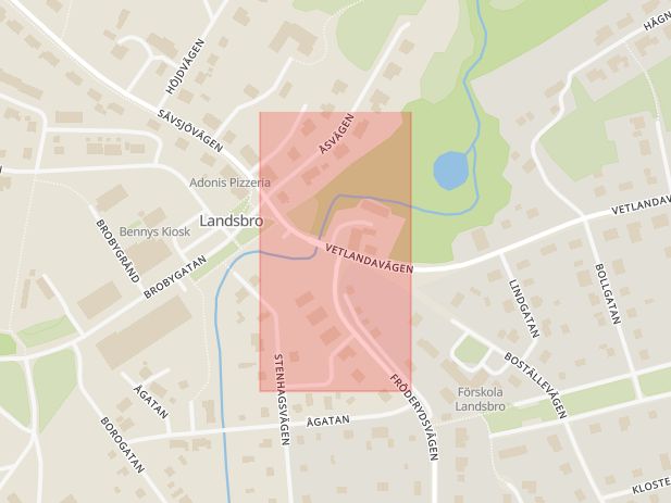 Karta som med röd fyrkant ramar in Landsbro, Myresjö, Vetlanda, Jönköpings län