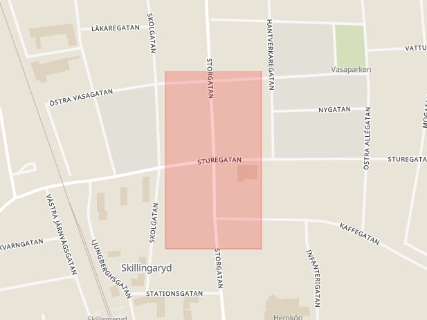 Karta som med röd fyrkant ramar in Skillingaryd, Vetlanda, Jönköpings län