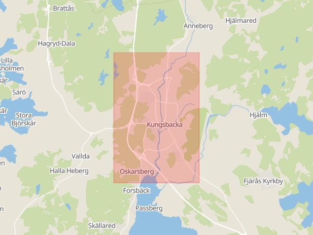 Karta som med röd fyrkant ramar in Halmstad, Nya Tylösandsvägen, Eketånga, Kungsbacka, Skogsallén, Hallands län