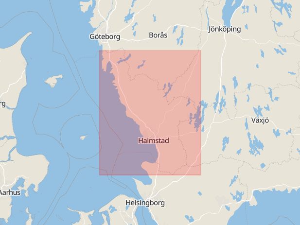 Karta som med röd fyrkant ramar in Laholm, Villan, Varberg, Västra Vallgatan, Halmstad, Gesällgatan, Halland, Hallands län