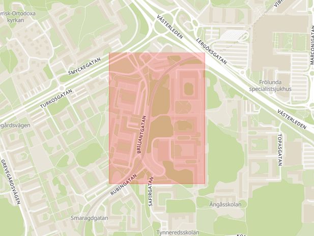 Karta som med röd fyrkant ramar in Frölunda, Briljantgatan, Göteborg, Västra Götalands län