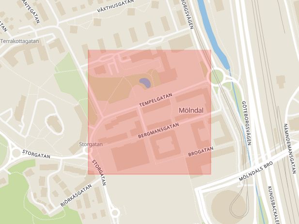Karta som med röd fyrkant ramar in Brogatan, Tempelgatan, Mölndal, Västra Götalands län