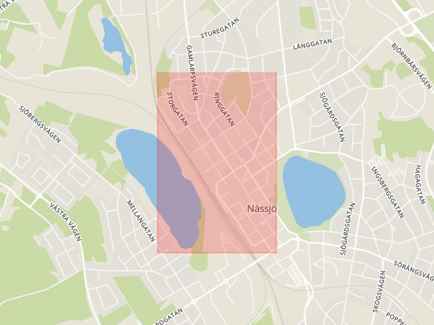 Karta som med röd fyrkant ramar in Nässjö, Storgatan, Jönköpings län