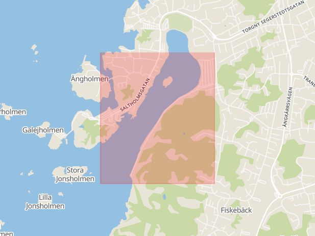 Karta som med röd fyrkant ramar in Hinsholmen, Göteborg, Västra Götalands län