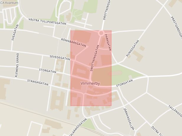 Karta som med röd fyrkant ramar in Drottninggatan, Sevedegatan, Vimmerby, Kalmar län