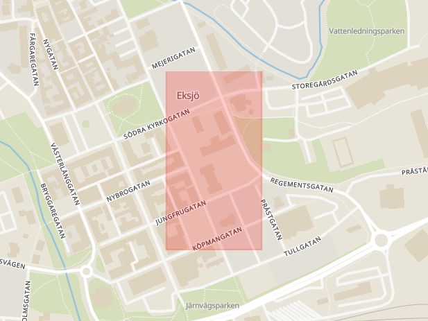 Karta som med röd fyrkant ramar in Linnéskolan, Eksjö, Jönköpings län
