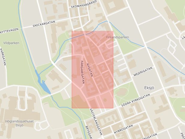 Karta som med röd fyrkant ramar in Eksjö, Nygatan, Jönköpings län