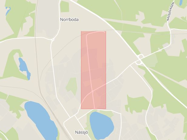 Karta som med röd fyrkant ramar in Brinellgatan, Nässjö, Jönköpings län