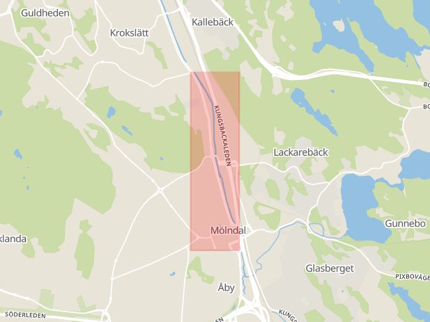 Karta som med röd fyrkant ramar in Mölndal, Göteborgsvägen, Bosgården, Västra Götalands län