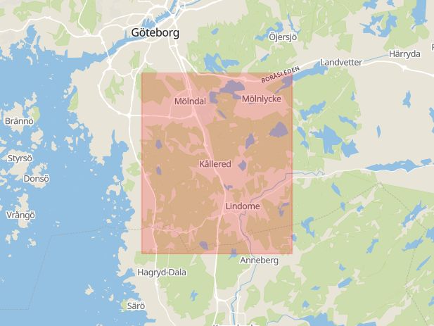 Karta som med röd fyrkant ramar in Göteborg, Storgatan, Mölndal, Brobergsgatan, Bengtsfors, Trollhättan, Oden, Västra Götalands län