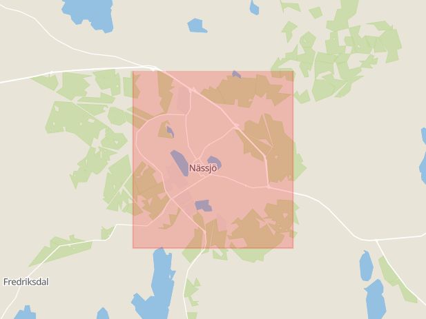 Karta som med röd fyrkant ramar in Nässjö, Jönköping, Torpa, Nygatan, Storgatan, Värnamo, Jönköpings län