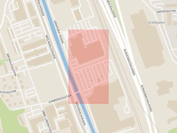 Karta som med röd fyrkant ramar in Grafiska Vägen, Södra Vägen, Götaplatsen, Avenyn, Göteborg